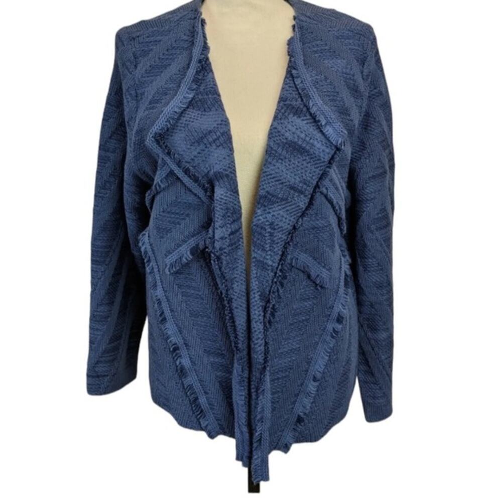 Chico’s Cardigan Sweater Women’s Size 12 M Blue Fringe Woven Crossing Patterns 2 - Picture 3 of 15